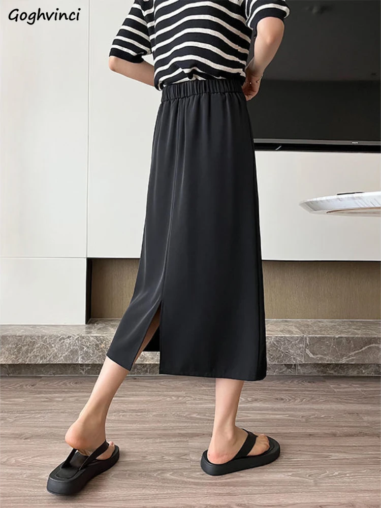 

S-4XL черные юбки женские с высокой талией модные разрез миди темперамент трапециевидной формы повседневные свободные корейский стиль шикарные литературные винтажные нежные