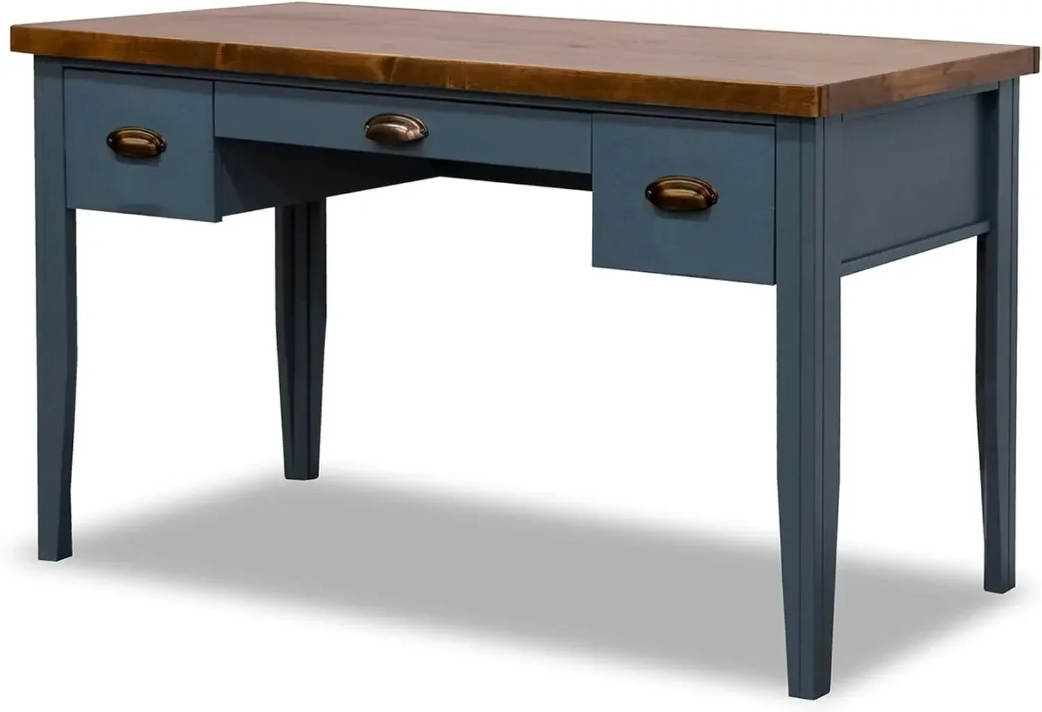 مكتب كتابة Nantucket Modern Farmhouse ذو 3 أدراج، 53 بوصة، مجمع بالكامل، خشب الحور الصلب، الدنيم الأزرق والويسكي #1