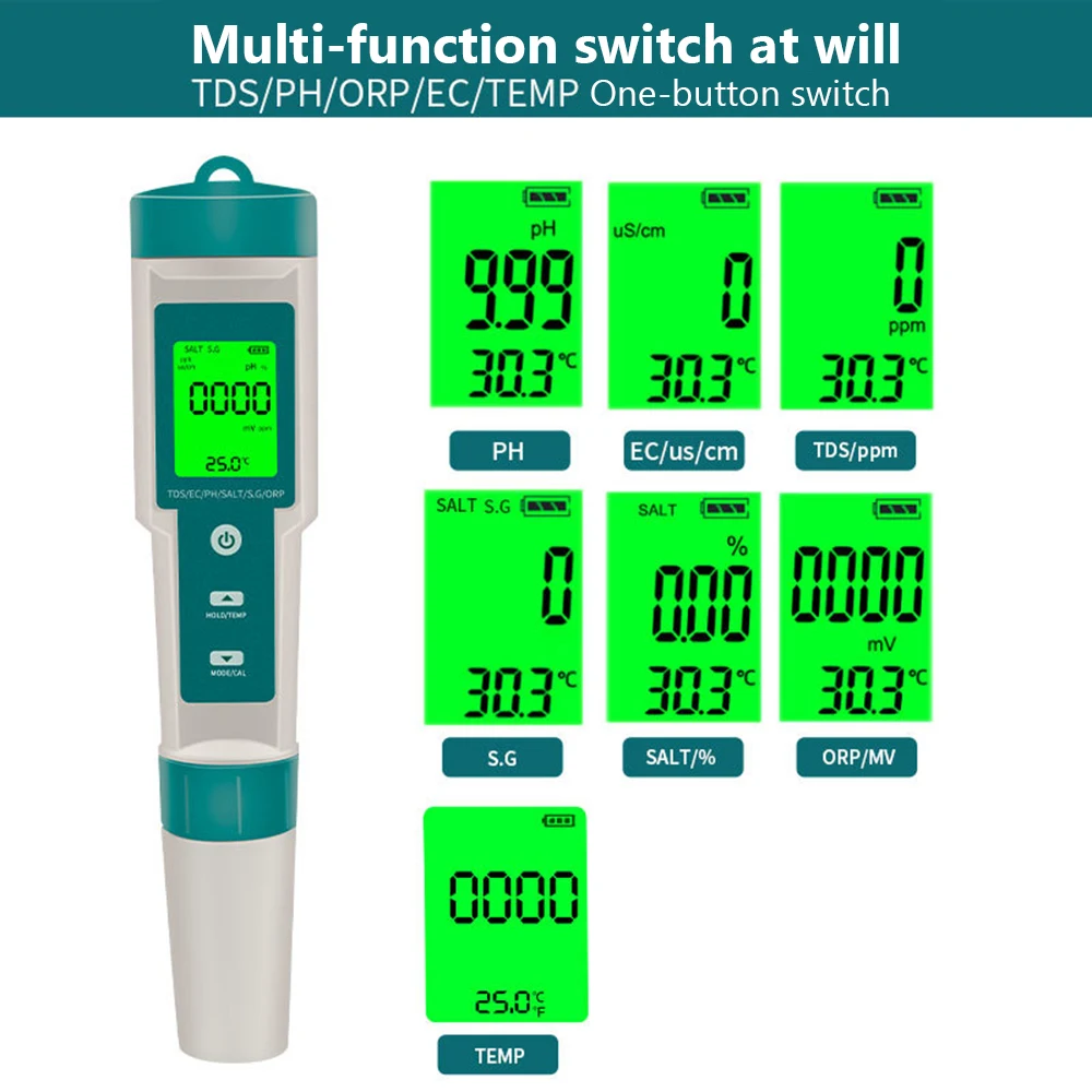 

8 in 1 Water Quality Test Pen Temp/PH/TDS/EC/Salinity/SG/ORP/H2 PH Meter Drinking Water Quality Monitor