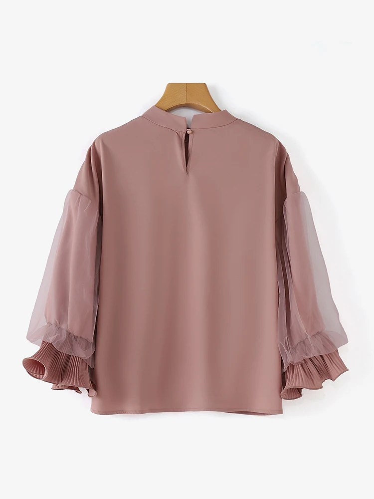 ZANZEA Korean Mesh Ruffle 3/4 Sleeve Tops Women Elegant Party Blouse Chic 2024 Autumn Designer Stand Collar Shirts Loose Tunics