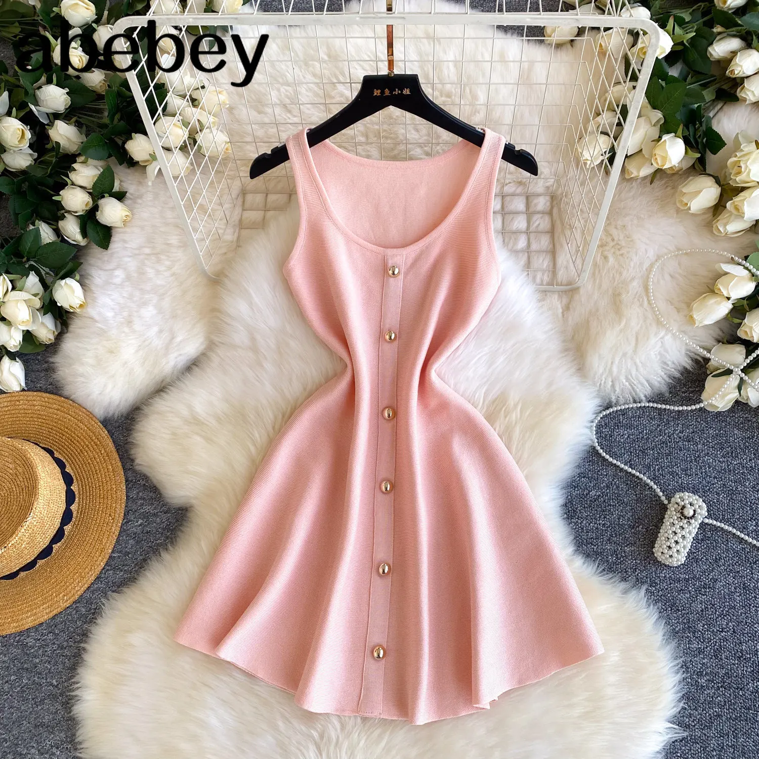 Damen Ärmelloses Strick-Tanktop-Kleid mit Goldknöpfen Lässiges A-Linien-Kleid mit Elastischem Stretch für Sommer Strand Party Alltag Sommerkleid