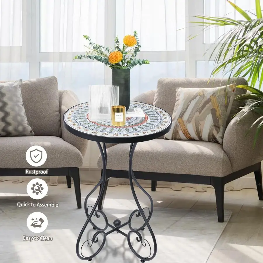 Mosaic Outdoor Side Table, Round Rustproof Patio Tables with 14 Ceramic Tile Top, Indoor Porch Accent Table for Yard, Garden, Li