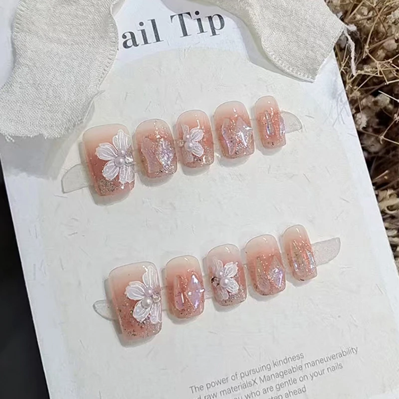 10pcs/Set Handmade Press on Nails Pink Flower Sweet Style Sh