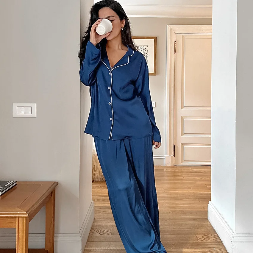 

Pajamas Sets for Women Simulation Silk Cardigan Loose Casual Loungewear Long Sleeve Long Pants Comfortable for Women Outfit