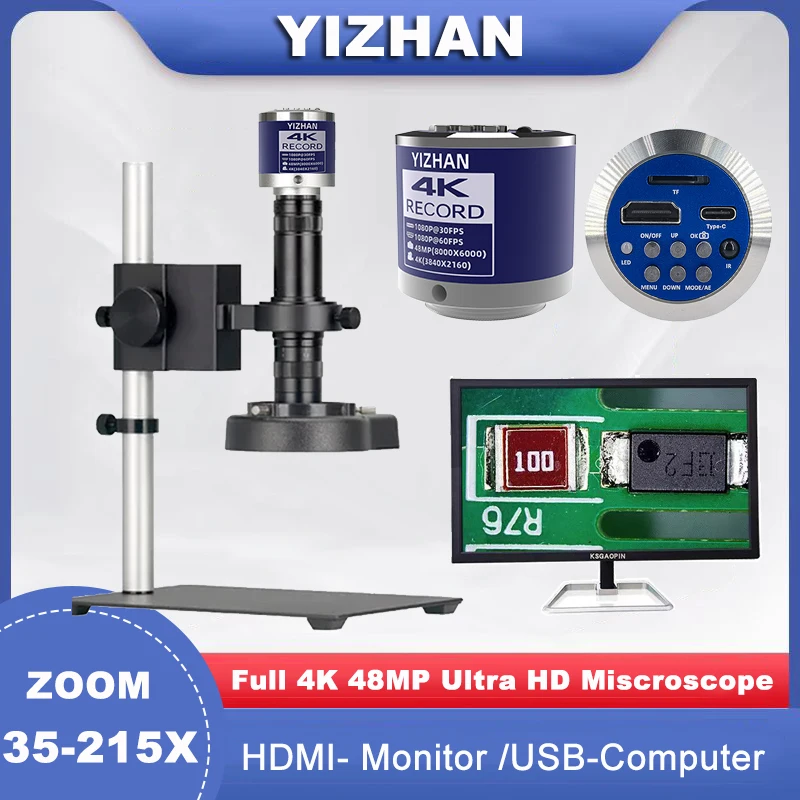 

Цифровой микроскоп Yizhan 2K 4K промышленный микроскоп 48MP Type-C HDMI VGA камера 35-215X C крепление зум-объектив для пайки печатных плат