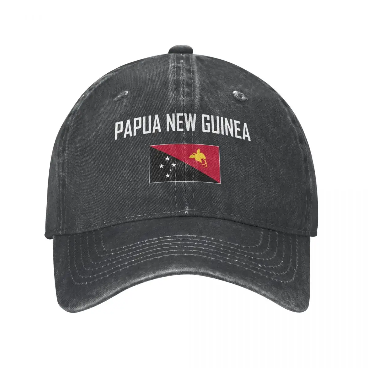 

Men Baseball Cap PAPUA NEW GUINEA Flag And Font Charcoal Washed Denim Classic Vintage Cotton Dad Trucker Hat Unisex Adult