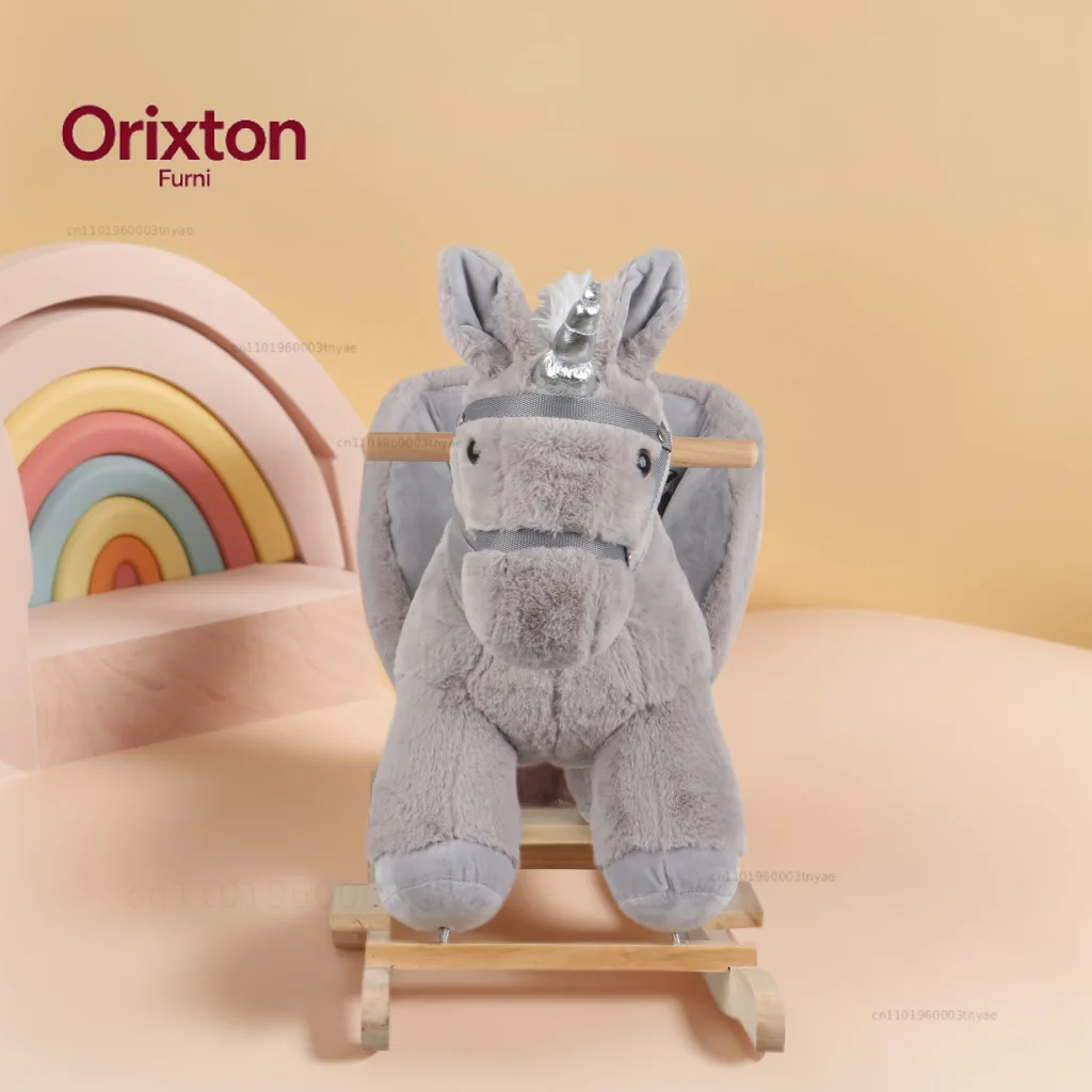 Wooden horse, children's rocking horse, plush toy, wooden base, music soothing rocking chair