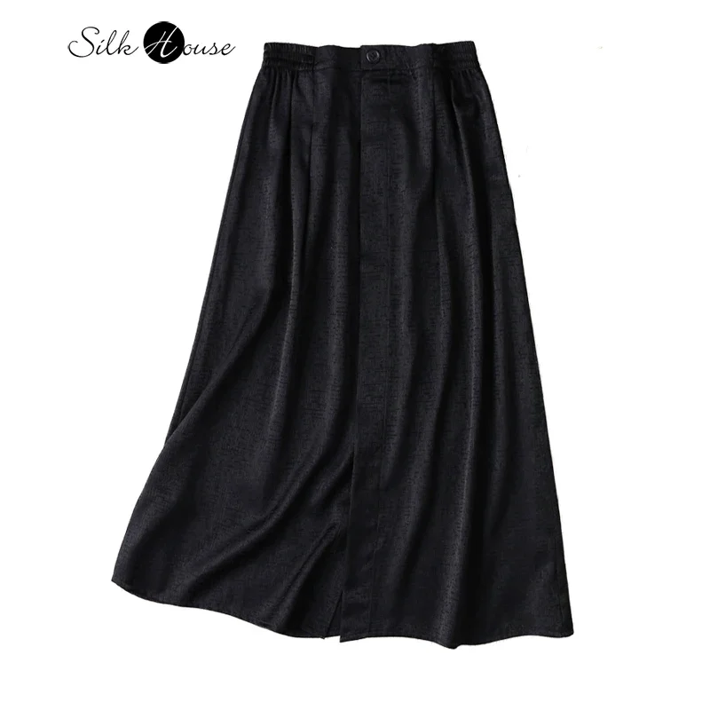 2025 Women's Fashion New Black Versatile Elastic Waist 93% Natural Mulberry Silk Elastic Satin A-line Mid Length Skirt