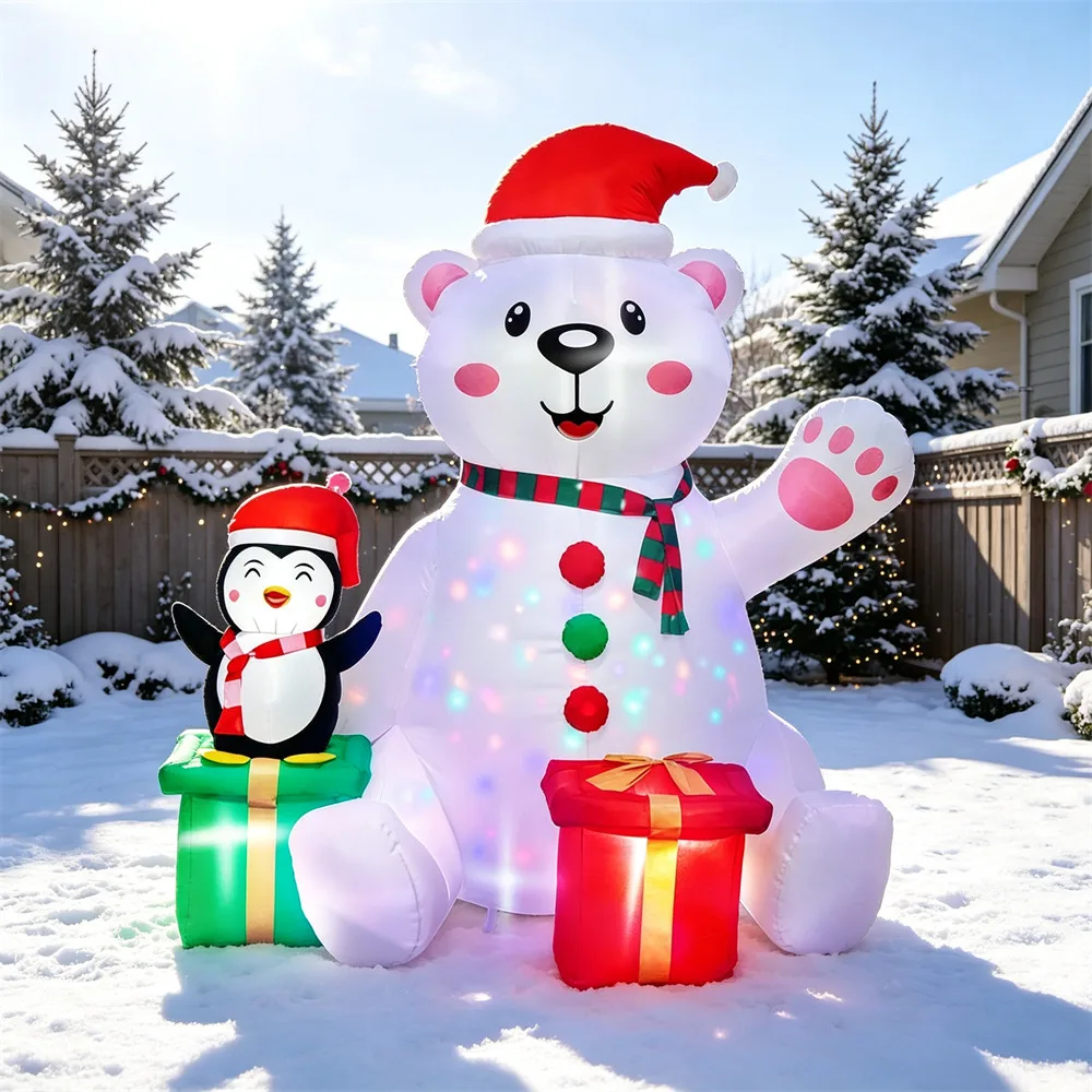 5.74FT Christmas Inflatable Polar Bear&Penguin&Gift Boxes Built-in Colorful Rotating LED Lights for Xmas Garden Holiday Decor