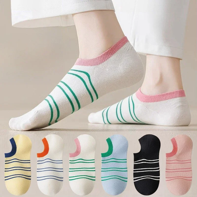 

6 pairs of striped socks for women's summer versatile outerwear pure cotton simple comfortable casual socks