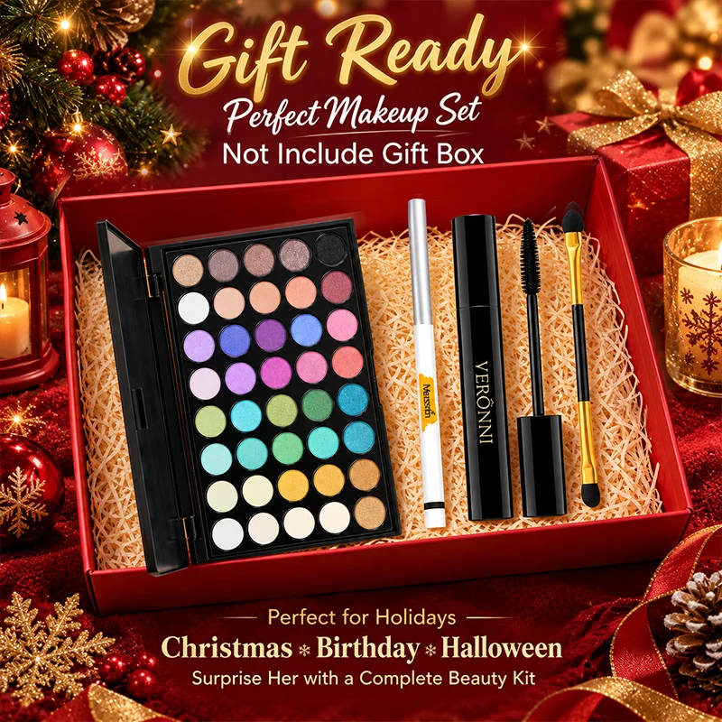 40 Colors Eyeshadow Palette Makeup Set with Mascara Eyeliner Gel Pen Eyeshadow Brush Matte Shimmer Pigmented Eye Shadow Kit