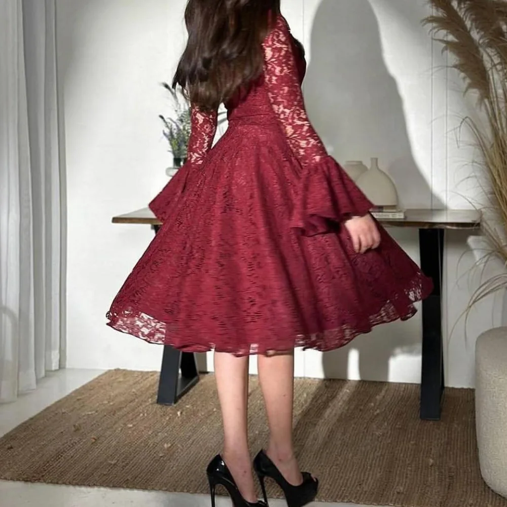 Fashion V-Neck Lace Flare sleeves Long Sleeves A-Line Party Gowns Lace Photo Color Knee Length Zipper Back Elegant Graceful