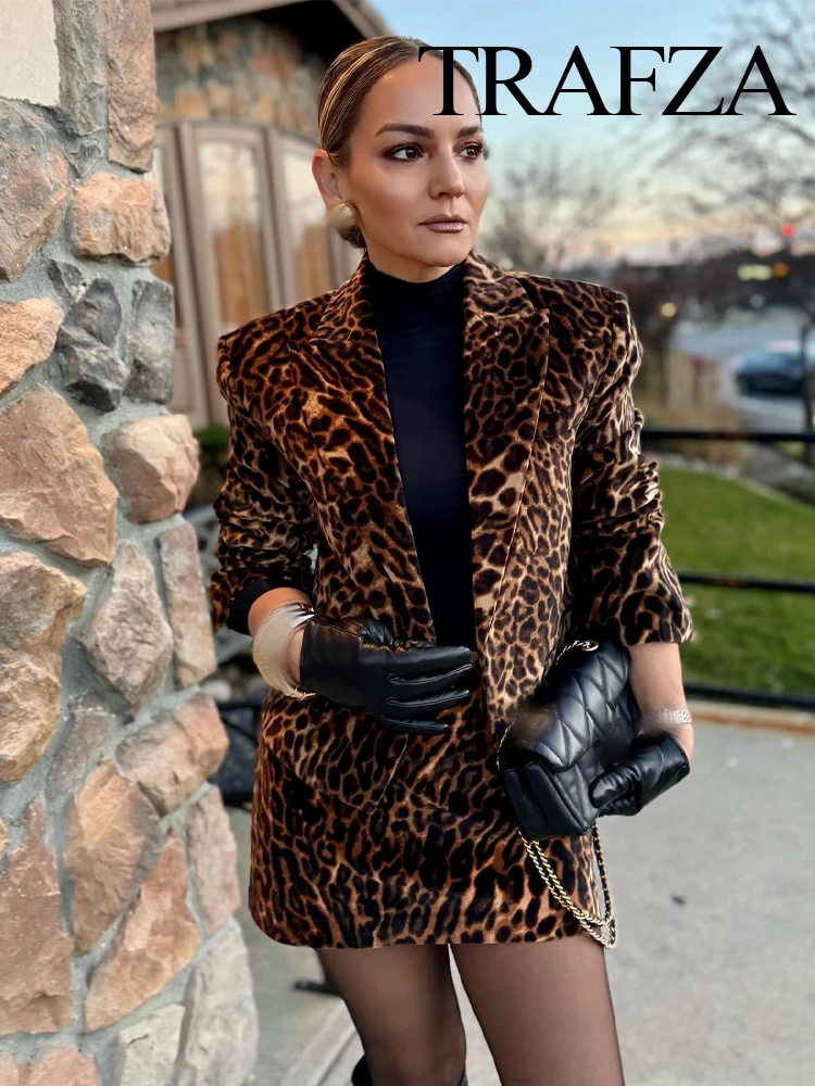 TRAFZA Women Skirt Suit Leopard Print Lapel Pocket Decorate Short Coat+Elegant Casual High Waist Side Zipper Mini Skirt Mujer