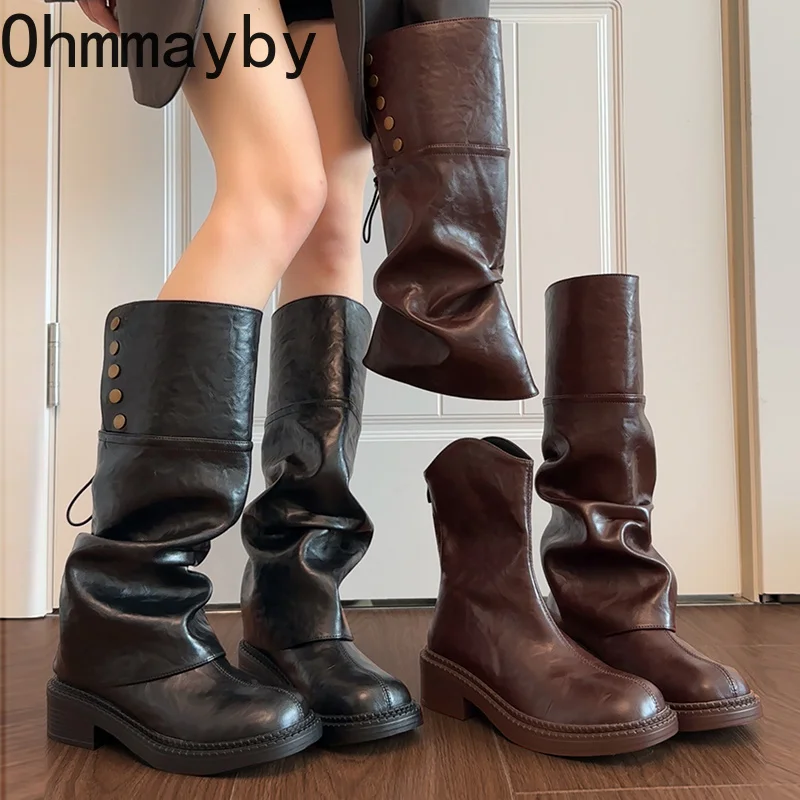 Bottes hautes pour femme à porter de deux façons, en cuir, à talon épais, avec fronces, style moderne, pour automne-hiver