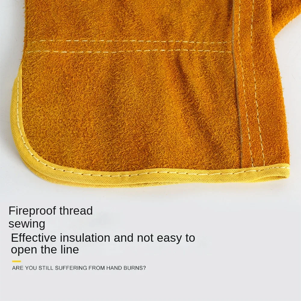 

1 пара дышащих сварочных перчаток из воловьей кожи, теплоизоляционные перчатки для защиты труда, износостойкие термостойкие перчатки для сварщиков