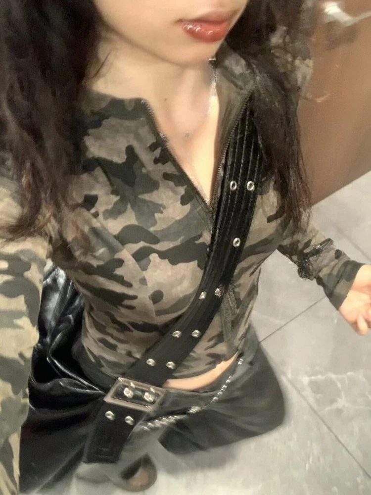 アメリカンヴィンテージアウターウェアパッチワーク中空ジッパーレターパターン長袖ストラップY2kサブカルチャー迷彩フード付き秋