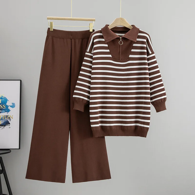 

Вязаный брючный костюм, женский осенне-зимний высокий воротник, молния с лацканами, свободный полосатый свитер, широкие брюки, женский комплект из двух предметов