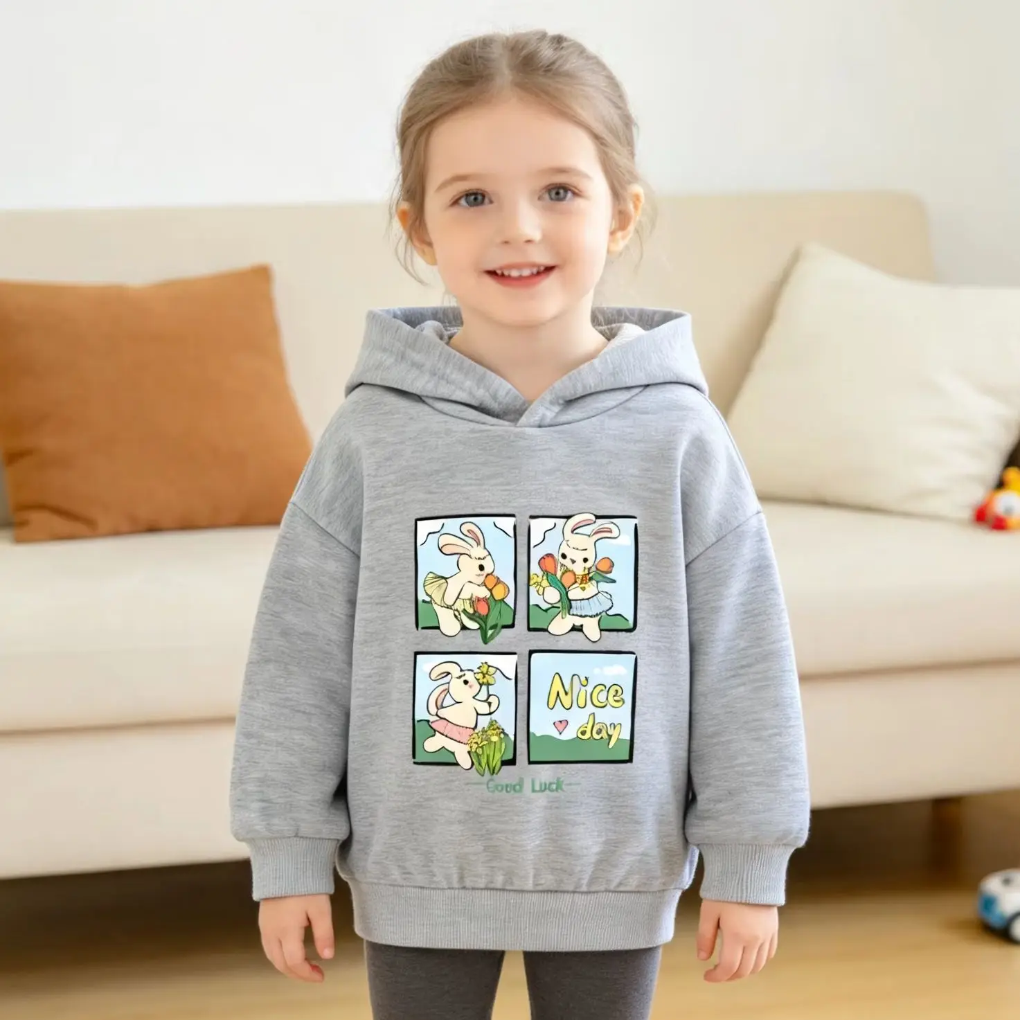 Fashion Girls' Hooded Pullover Sweatshirt with Cute Rabbit Patterns—Multiple Styles Available Children's Spring Casual Hoodies
