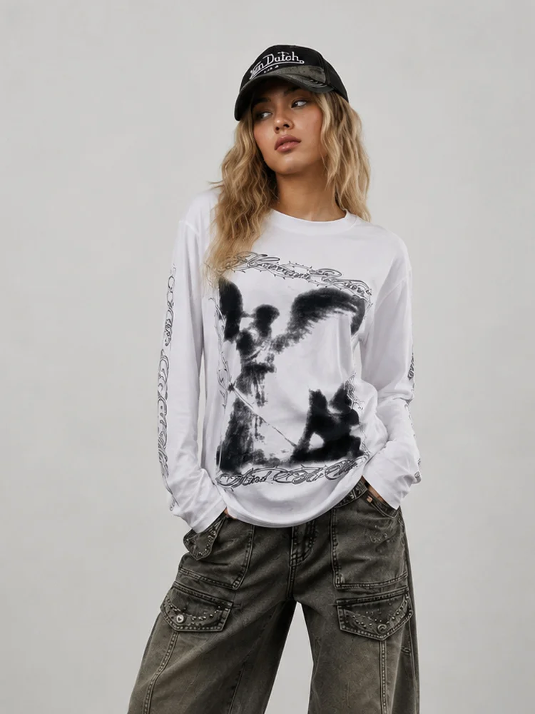 Autumn Y2K aesthetic Gothic streetwear retro angel thorn pattern round neck long sleeved slim fit men's and women's T-shirt