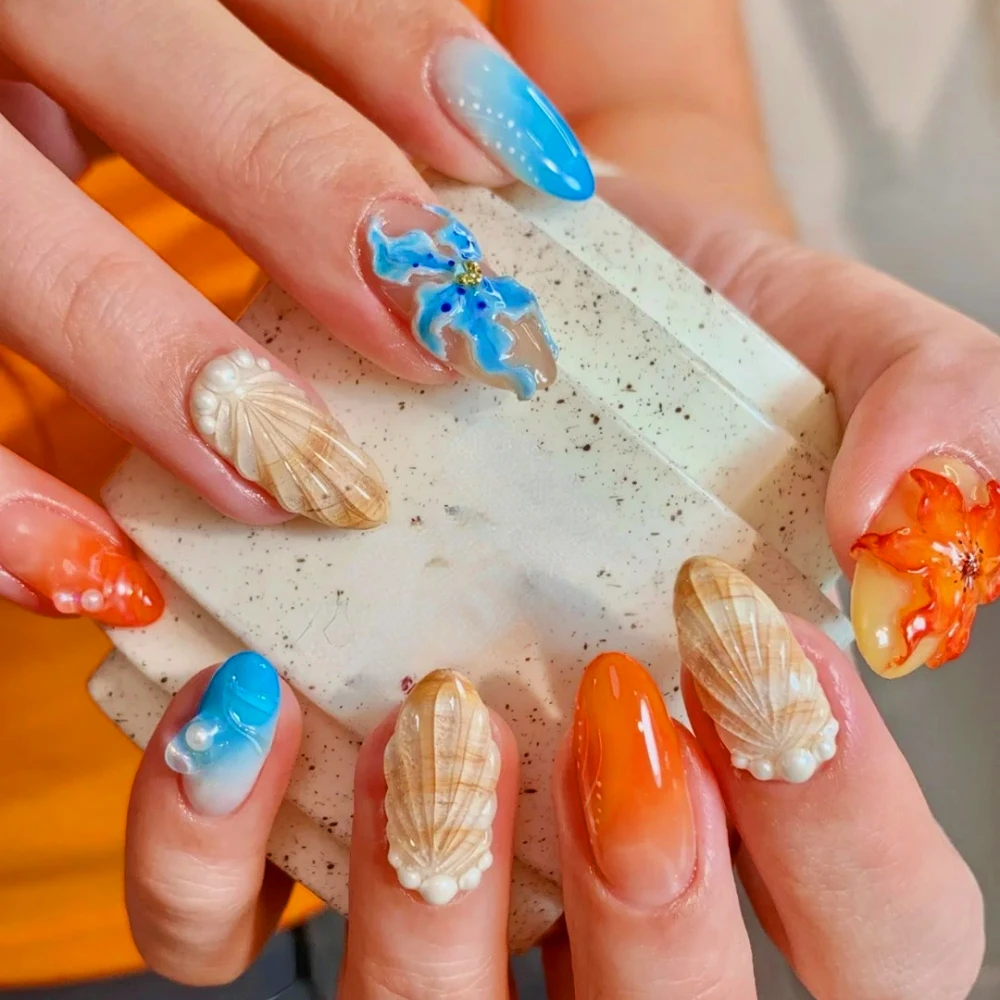 10 sztuk ręcznie robionych manicure Średnie migdałowe sztuczne paznokcie 2024 New 3D Limited Press On Nails Shell Design z samoprzylepnym pilnikiem