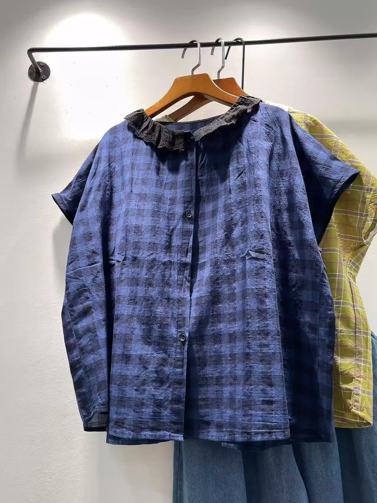 

Enianechu mori girl summer Japanese style lace collar blue check shirts and blouses for women cotton large size tops