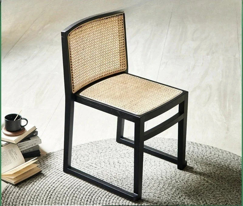 HYS Solid Wood Backrest Modern Stackable Rattan Dining Chair Home Bedroom Makeup Chair Office Chair