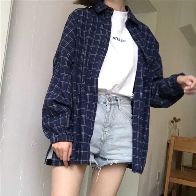 

QWEEK Women's Plaid Shirt Vintage Blouse Cotton Oversize Korean Fashion Long Sleeve Top Preppy Harajuku Japanese Spring Clothes