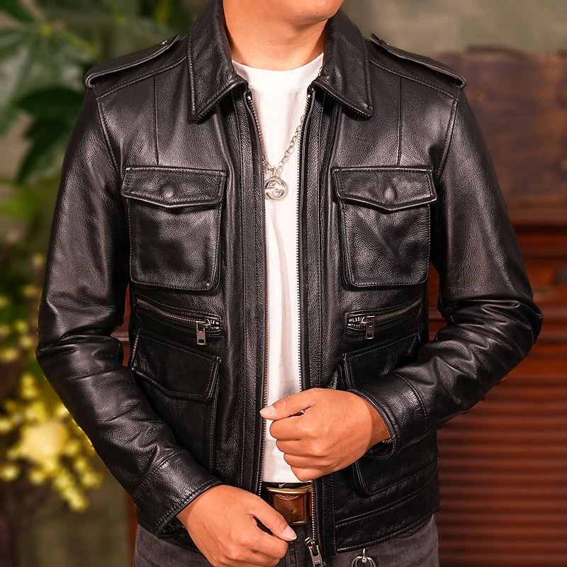 2024 New Heavy Duty Vintage Men's Leather Jacket Thin Windproof Slim Fit Hunting Coat Retro Jacket Trendy Business Casual Zip...