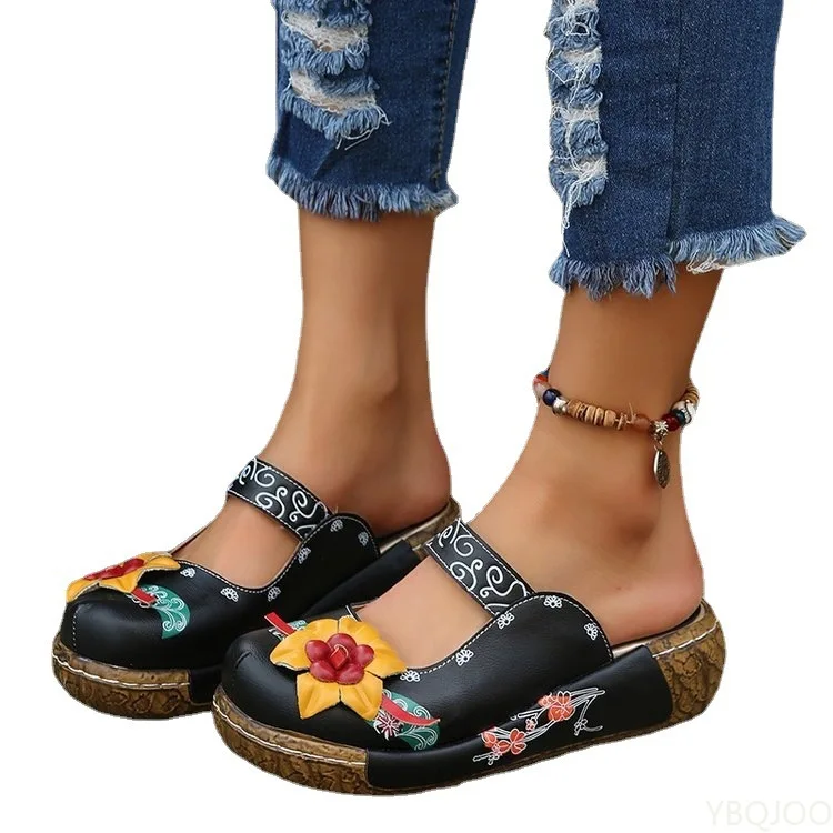 Sandalias romanas cómodas con plataforma para mujer, zapatos antideslizantes de flores de talla grande, zapatillas de cuña Baotou para verano, 2022