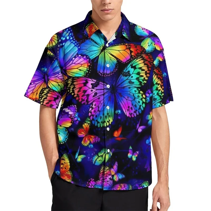 Camisas de praia extragrandes de manga curta masculinas, impressão 3D, padrões de borboleta, camisas casuais, moda verão, novo, 2024