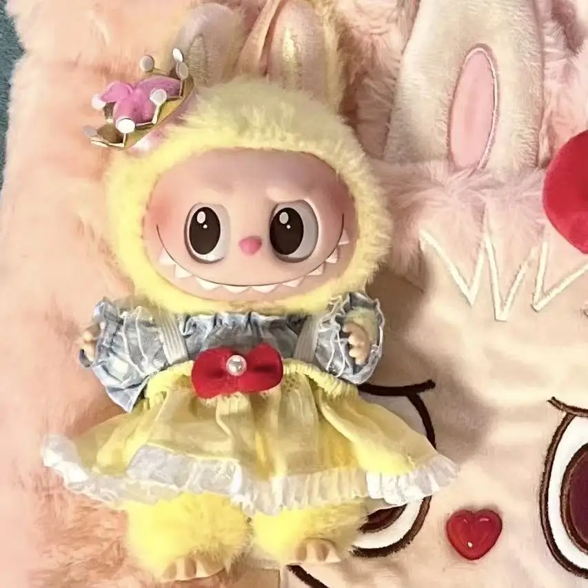 Vêtements de poupée Labubu mignons de 17cm, ensemble salopette en Denim ornée de cerises, accessoires de mode, joli tenue, cadeaux