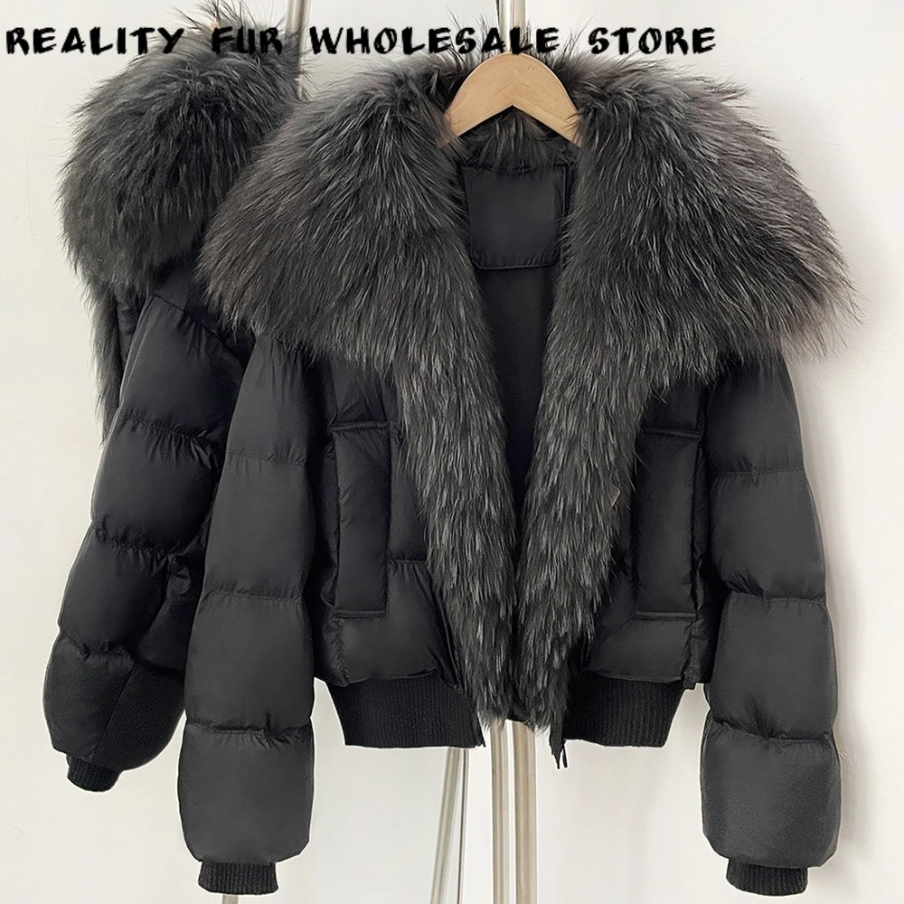 Down Jacket Female Winter Oversized Soft Fluffy Fur Collar Duck Down Padding Clothing Short Jacket Loose Warm Elegant Autumn