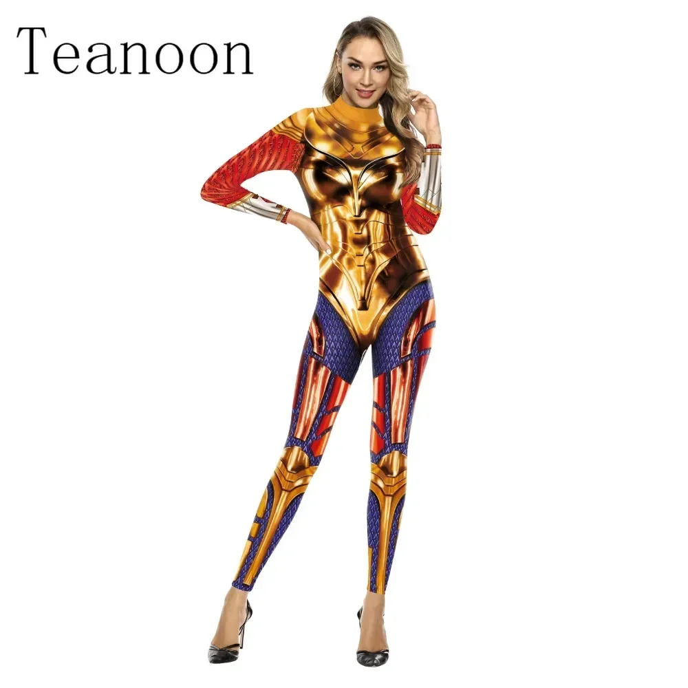 New Modernized Metal Printed Jumpsuit Superhero Play Costume Halloween Long-sleeved Leotard Performance Coveralls