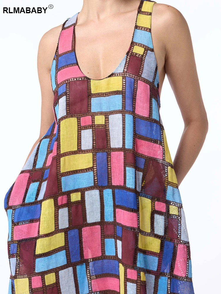 RLMABABY موضة ملونة منقوشة طباعة فستان طويل فضفاض المرأة منخفضة الرقبة بلا أكمام عارية الذراعين الشارع الشهير فستان ماكسي بوهيمي غير رسمي