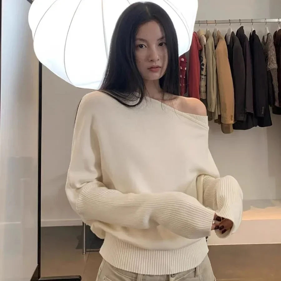 Sueter Feminino Schwarz Skew Kragen Gestrickte Pullover Frauen Pullover Lange Ärmel Stricken Pullover Pullover Frauen Tops Strickwaren Q1416