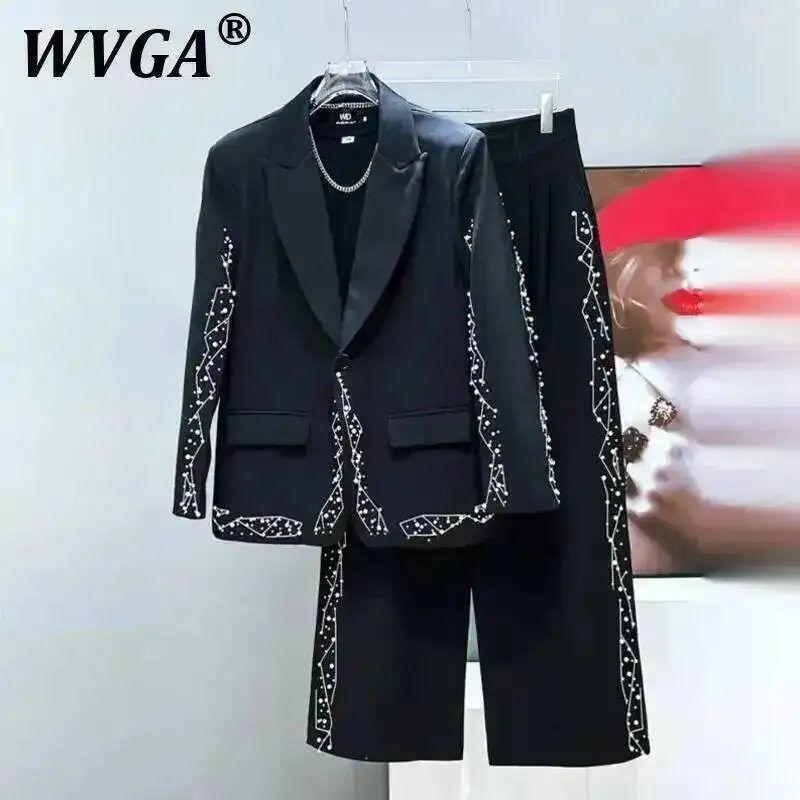 WVGA Spring Autumn New Men Pearl Embroidery Design Trendy Balzer Niche Chic Casual Straight Suit Pants Two Pieces Set Ins W10346