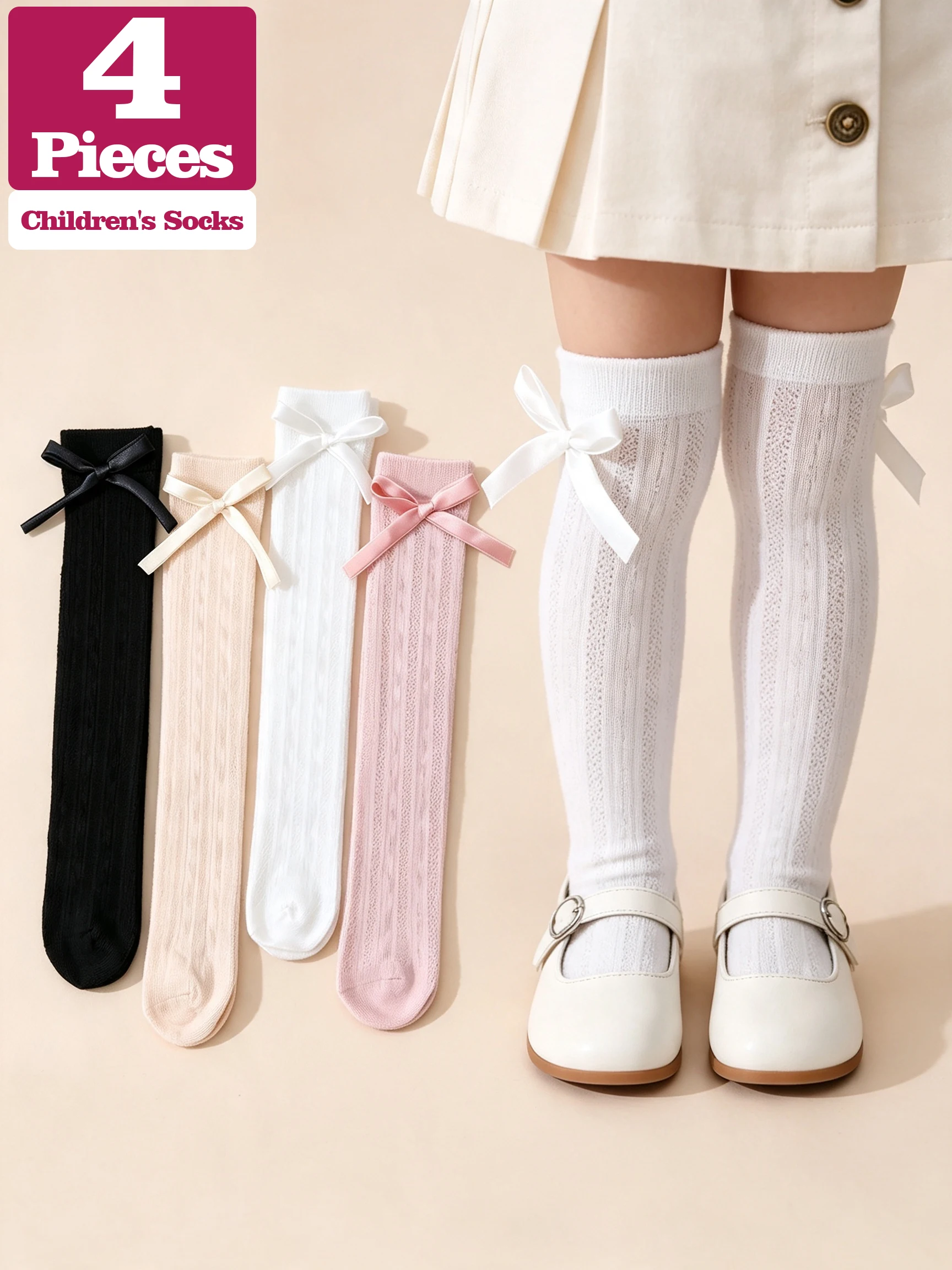 4Pairs Girls Bow Knee High Socks 3-8Y Breathable Mesh Anti Mosquito Stretchy Kids Socks Summer School JK Uniform Casual Outfit