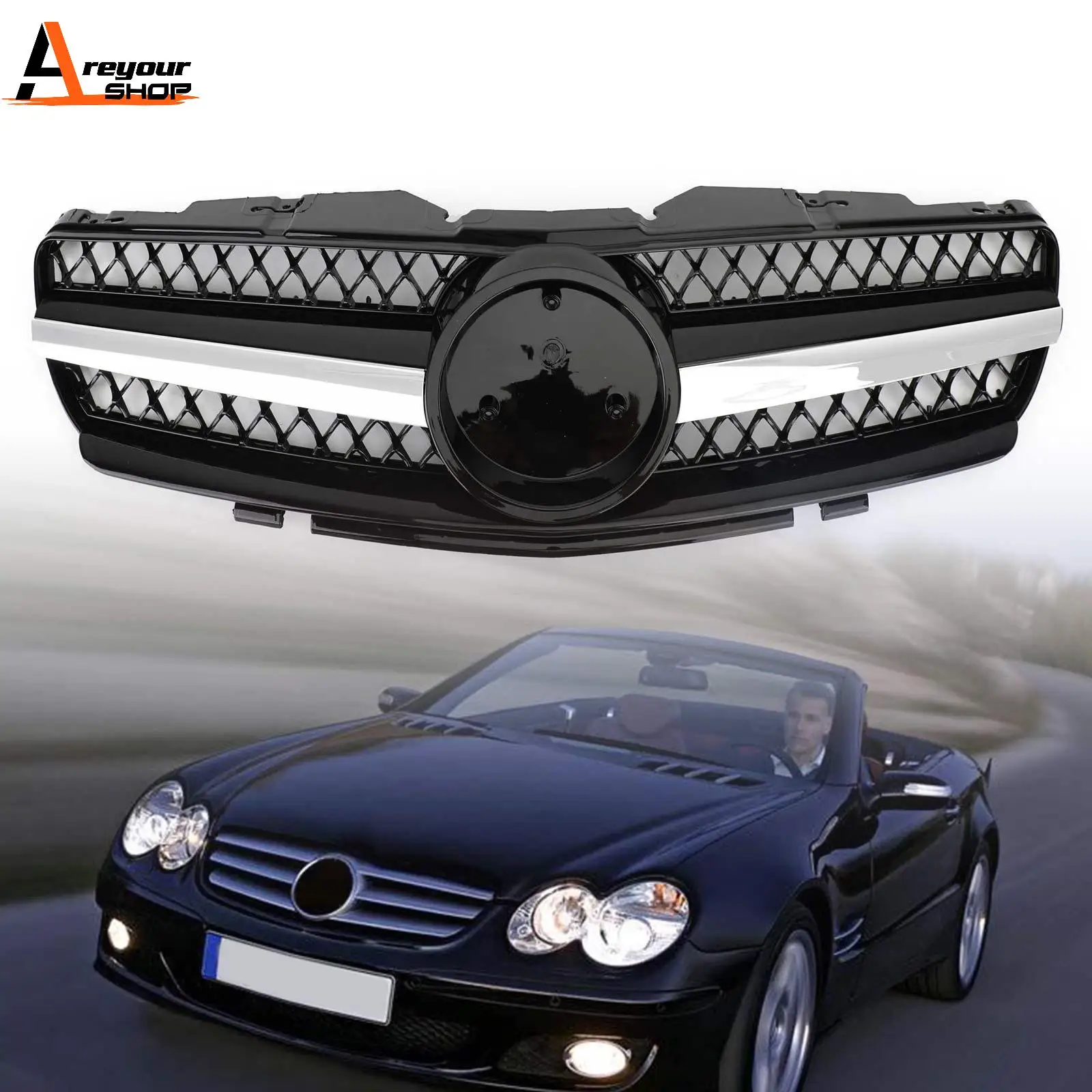 Areyourshop Grille Grill black Fit For Mercedes R230 SL500 SL600 2003 2004 2005 2006 1 Fin Star AMG Car Exterior Auto Parts