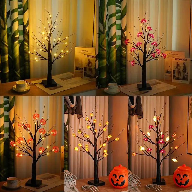 

60CM Halloween Adjustable Birch Tree Pumpkin Bat LED Light Battery USB Operated Table Lamp Indoor Home Party Halloween Decor