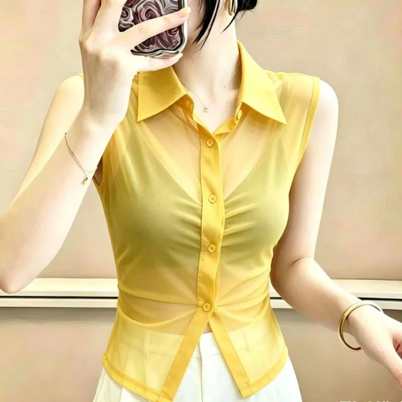 Simplicity Sleeveless Solid Sexy Slim Tops Summer Neck Temperament All-match Button T Shirts Trend Office Women Clothing