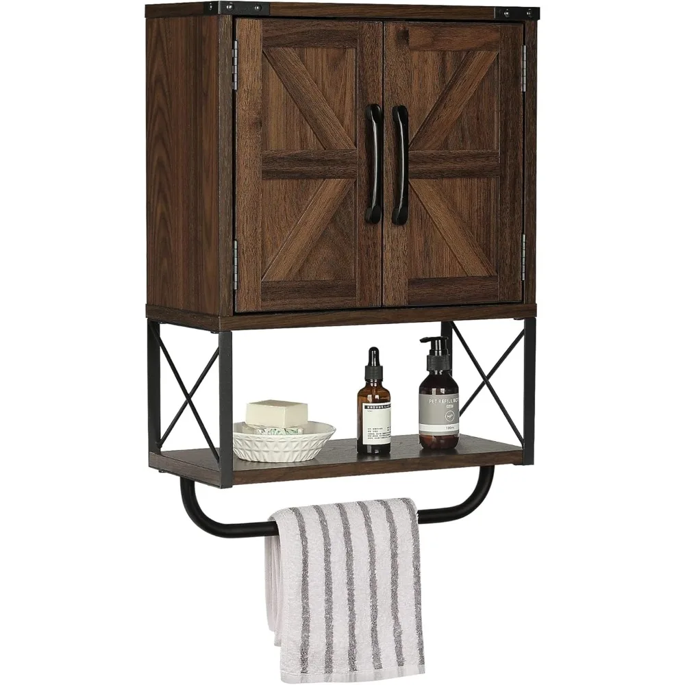 

Farmhouse Rustic Medicine Cabinet with Two Barn Door,Wood Wall Mounted Storage Cabinet with Adjustable Shelf and Towel Bar