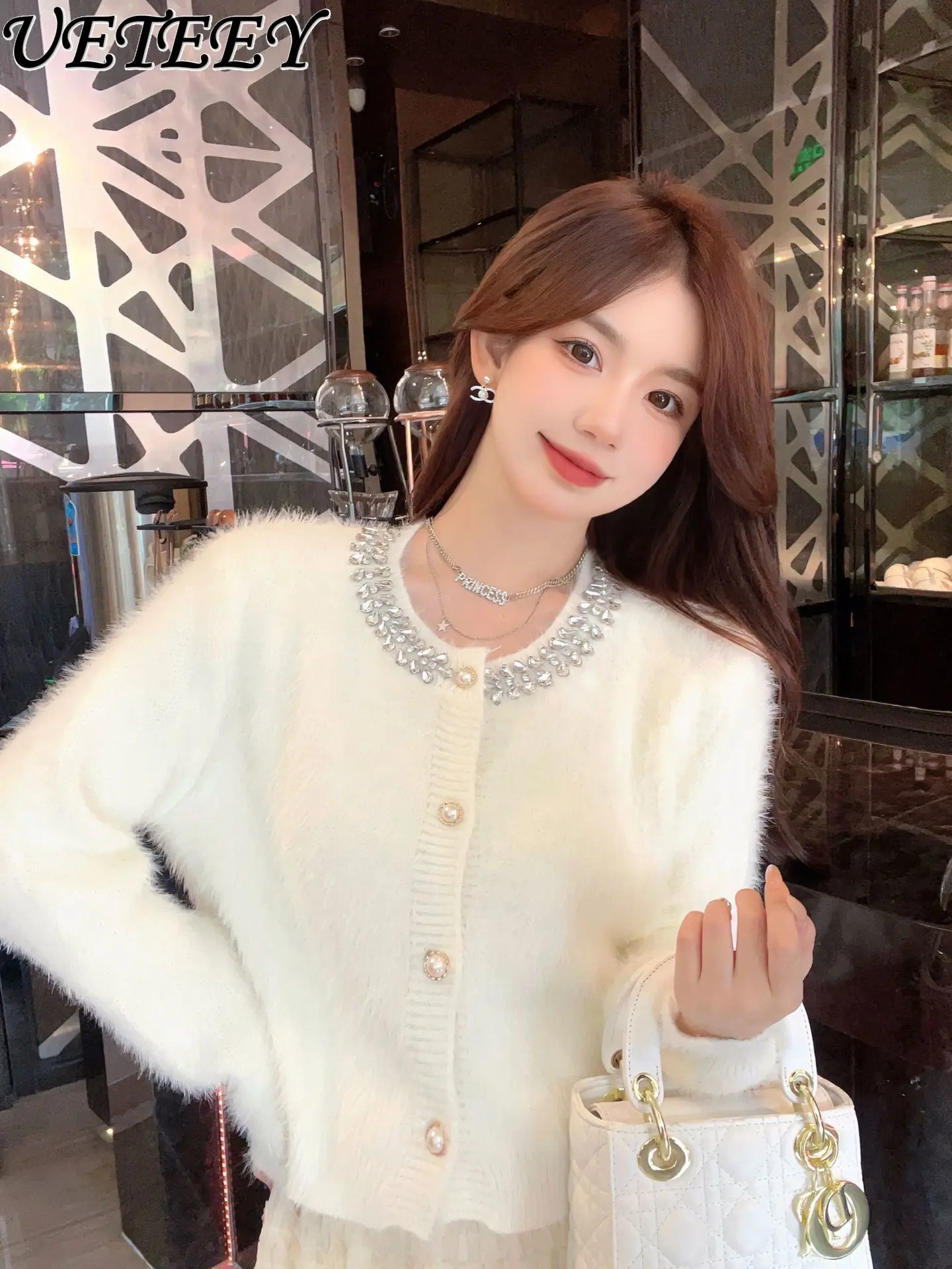 Diamond-Embedded Mink Fur High-Grade Sweater for Women Autumn and Winter New Outerwear High Texture Short Cardigan Coat