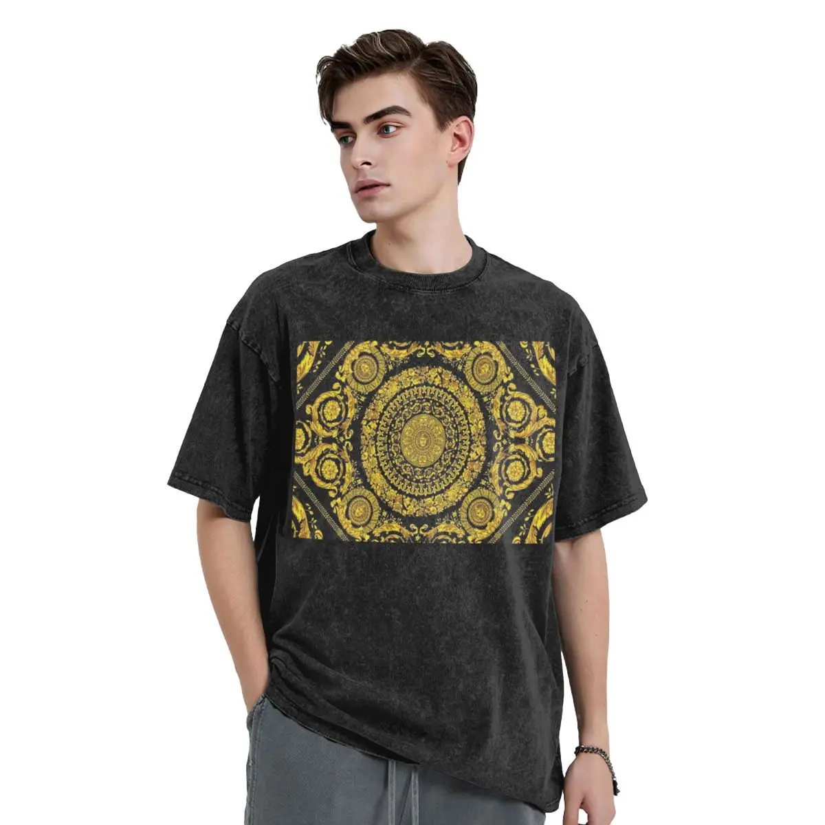 Decorative Golden Medallion Baroque Washed T Shirts Casual Short Sleeve Hip Hop T-Shirt Streetwear Tops Tees for Men Women