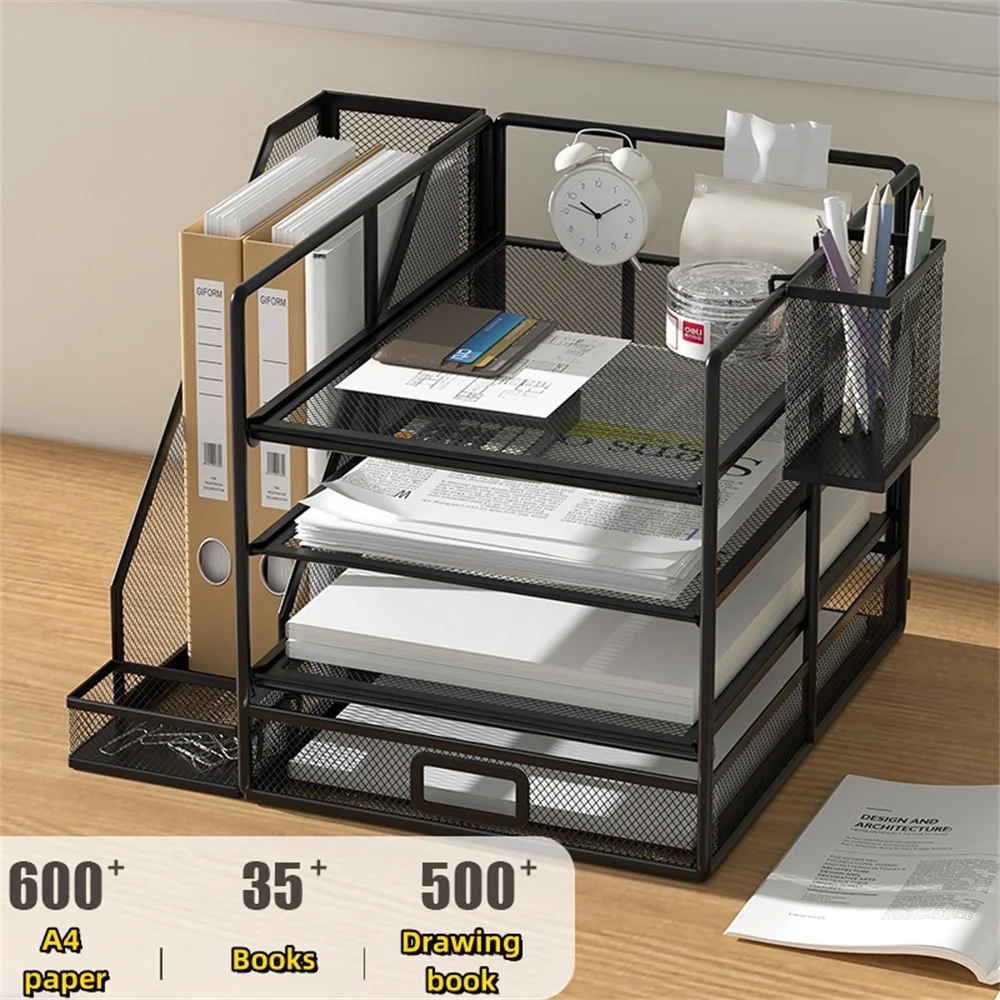 Desk Organizer With File Holder, 4-TIERLetter Tray Organizer With SlidingDrawer And 1 Pen Holder, Metal MeshDesktop Organizer