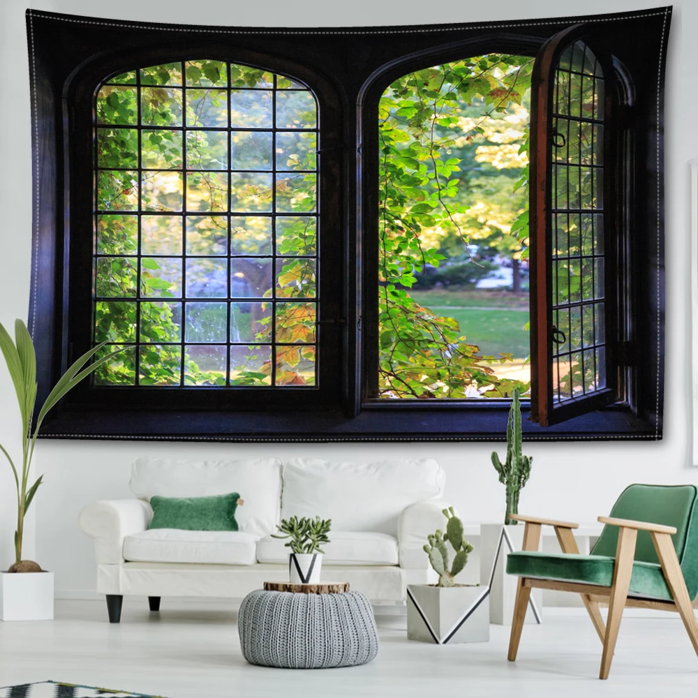 Forest scenery printed tapestry outside the window, spring and summer natural scenery room bedroom study living room wall hangin