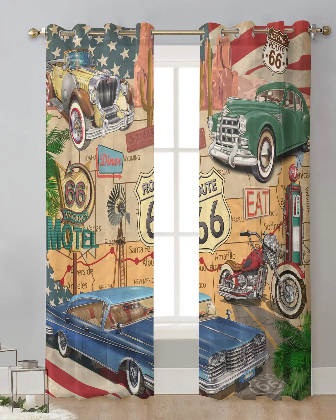 Retro Car Route 66 Poster Sheer Curtains Living Room Window Tulle Curtains For Bedroom Kitchen Home Decoration Voile Drapes