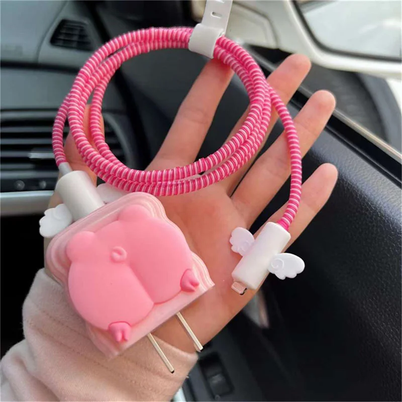 Cartoon Cute Pink Pig Silicone Charger Case For IPhone 15 14 13 18W-20W Fast Charge Protection Cover Charger Sleeve Accessories