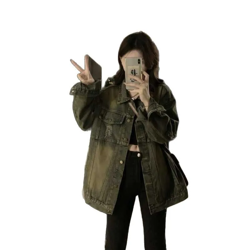 아메리칸 슬레 빈티지 찢어진 데님 재킷 여성용 루즈 슬림핏 봄 신상 스트리트 슬레 탑 면 100% 코트