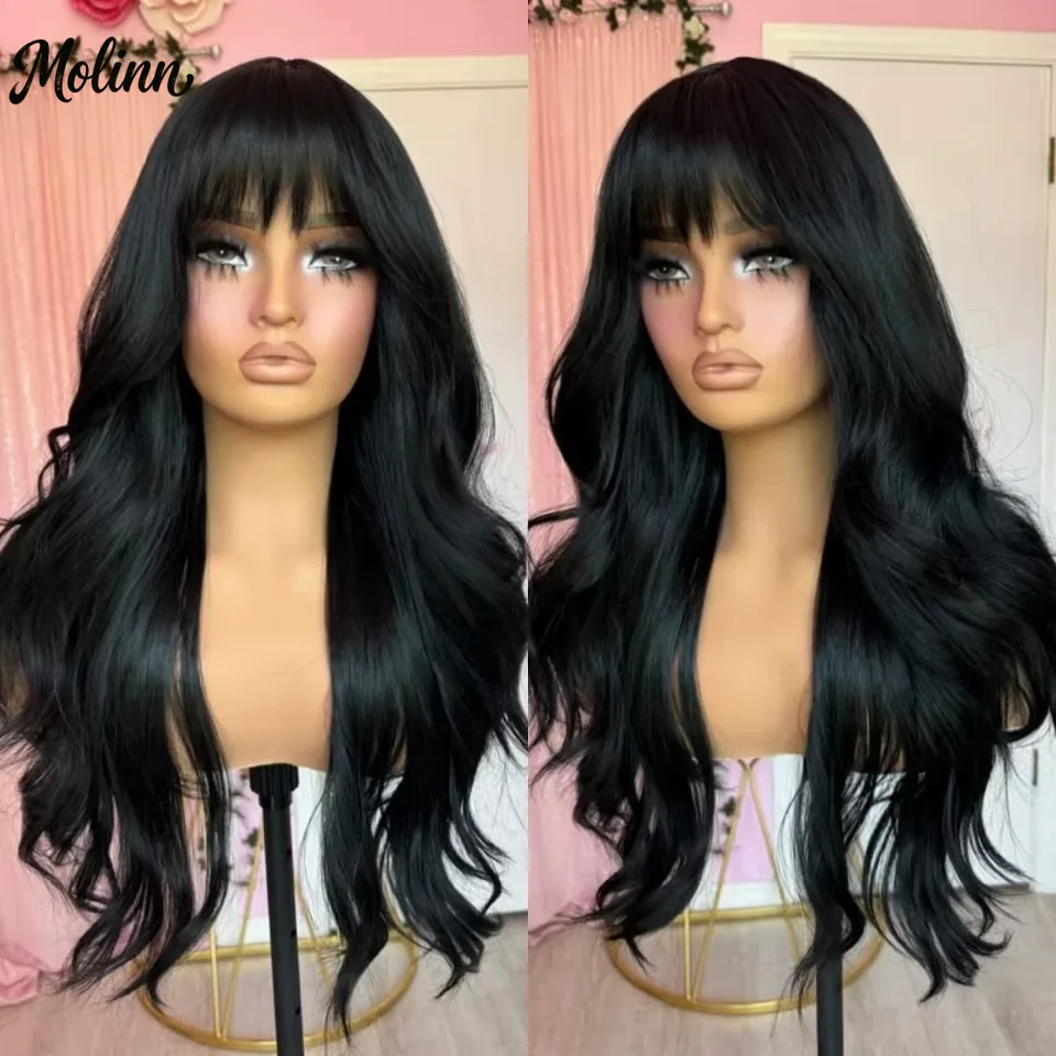 Natural Body Wave Lace Front Wig with Bangs 13x4 HD Black Synthetic Pre Plucked Premium Fibre Heat Resistant pelucas Cosplay