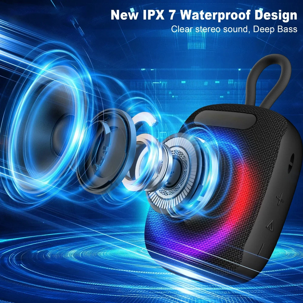 Alto-falante portátil de inserção de cartão sem fio, alto-falante bluetooth à prova d'água ipx7 com graves para piscina, praia, festa, viagem, acampamento